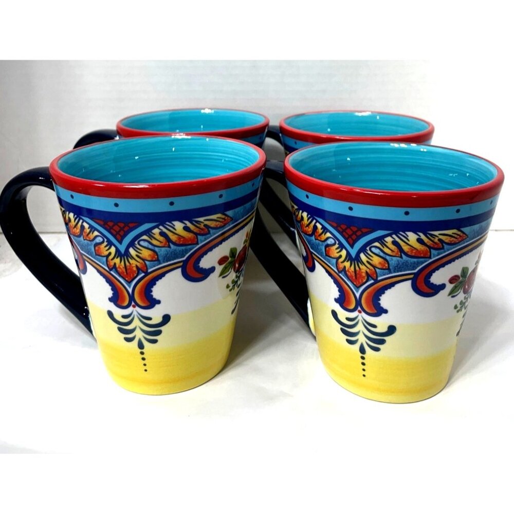 Euro Ceramica Zanzibar Coffee Mugs Set of 4 Boho Chic Blue/Teal Interior
